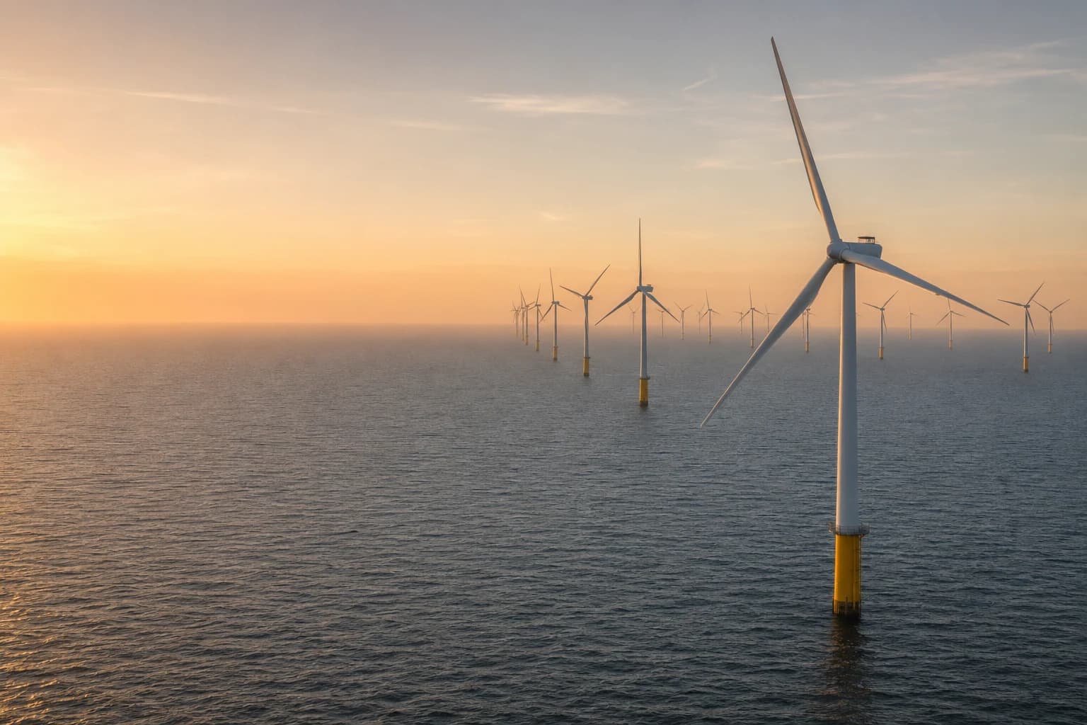UK North Sea offshore wind farm at dusk